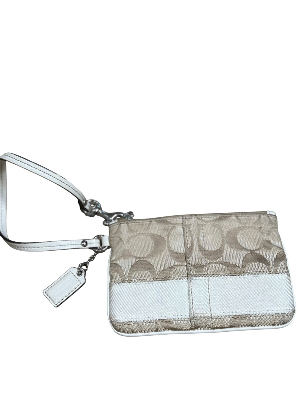 Vintage Coach Signature Stripe Small Wristlet – Khaki & White Y2K